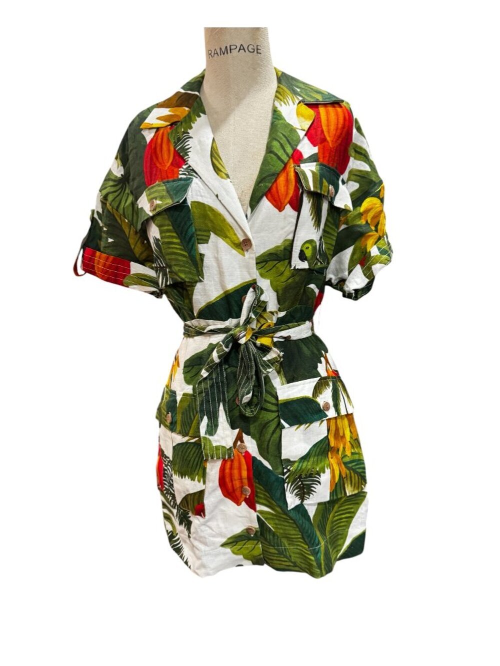Farm Rio Cocoa Forest Linen Utility Mini Dress Tropical Print Size Small - Picture 2 of 10